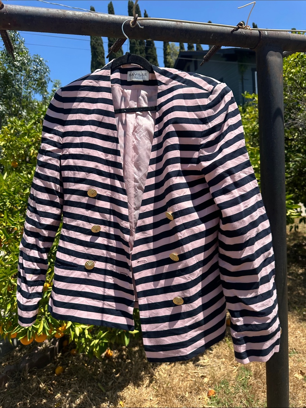 Saville Suit Pink and Navy Striped Double-Breasted Blazer with Gold Buttons